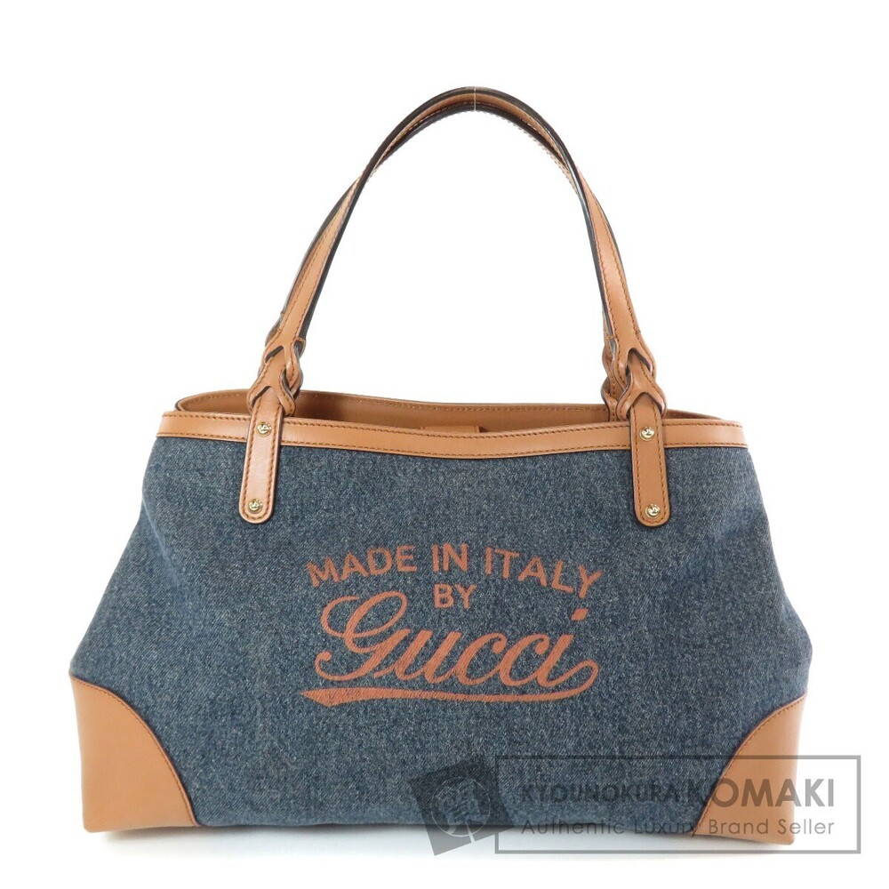 Gucci Denim Craft Tote Bag blue denim body brown leather